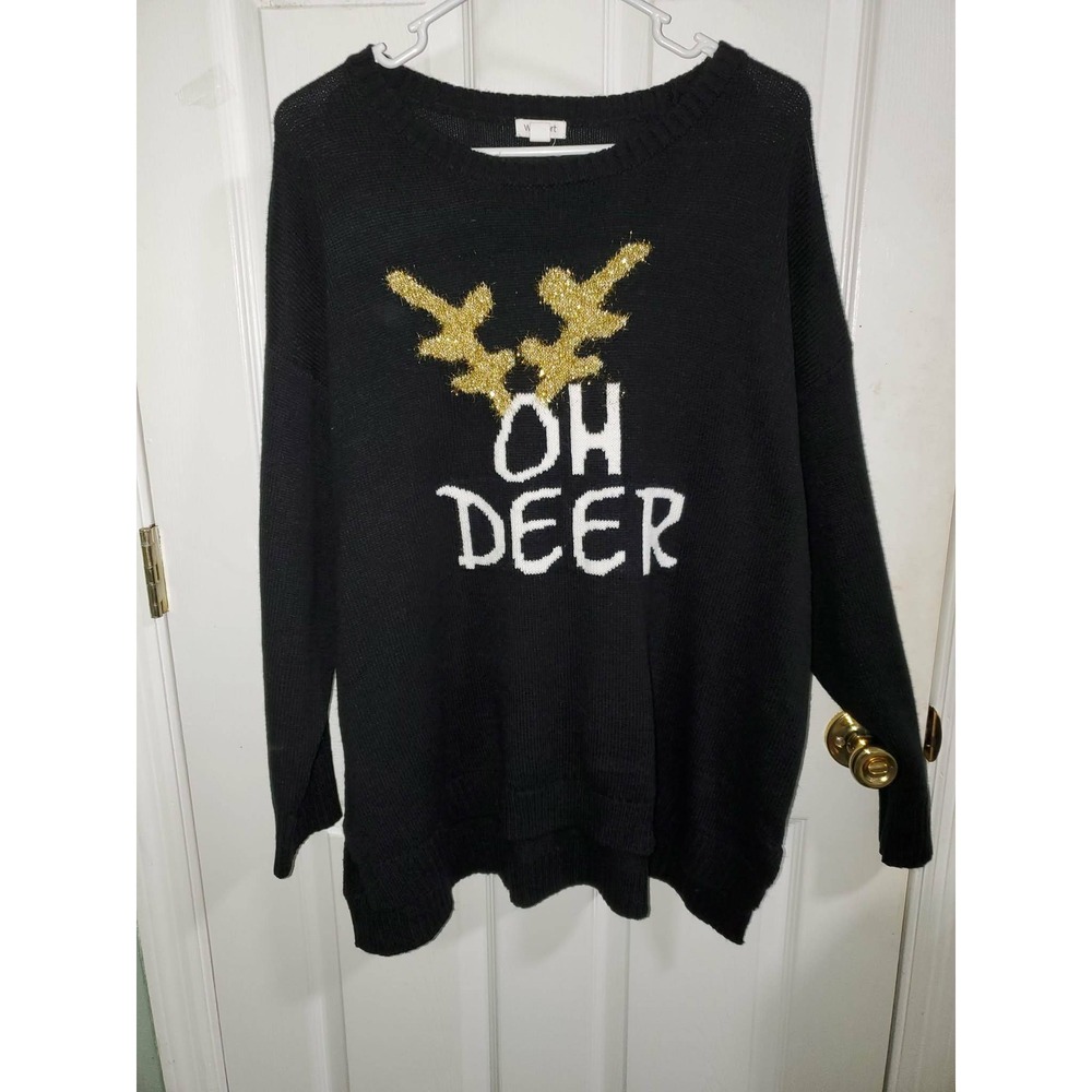 Westport Womens 2X Black Oh Deer Christmas Sweater Gold Glitter Antlers Holiday
